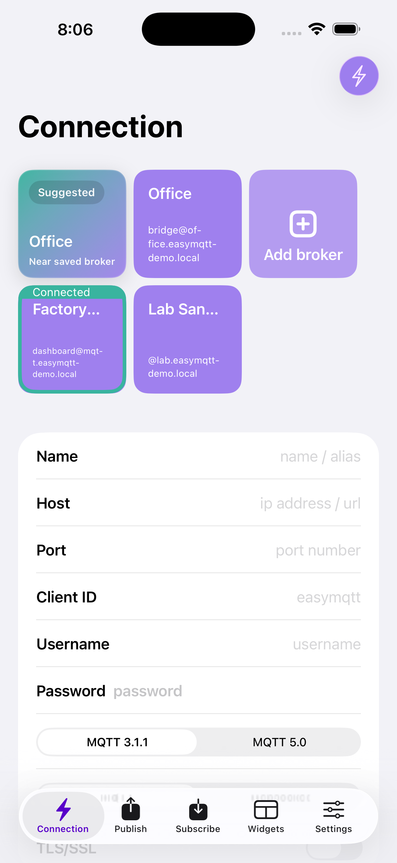 Connect to any MQTT broker