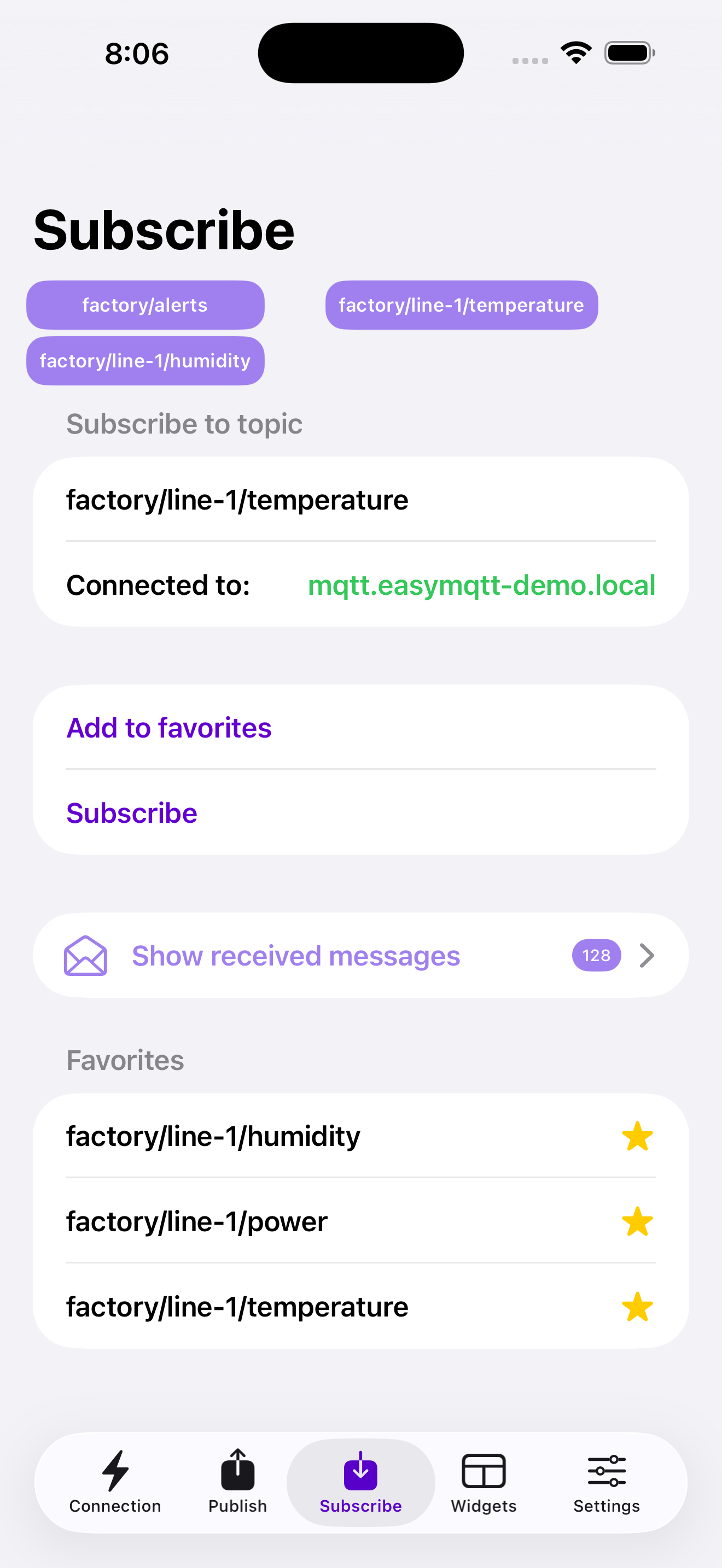 EasyMQTT subscribe screen